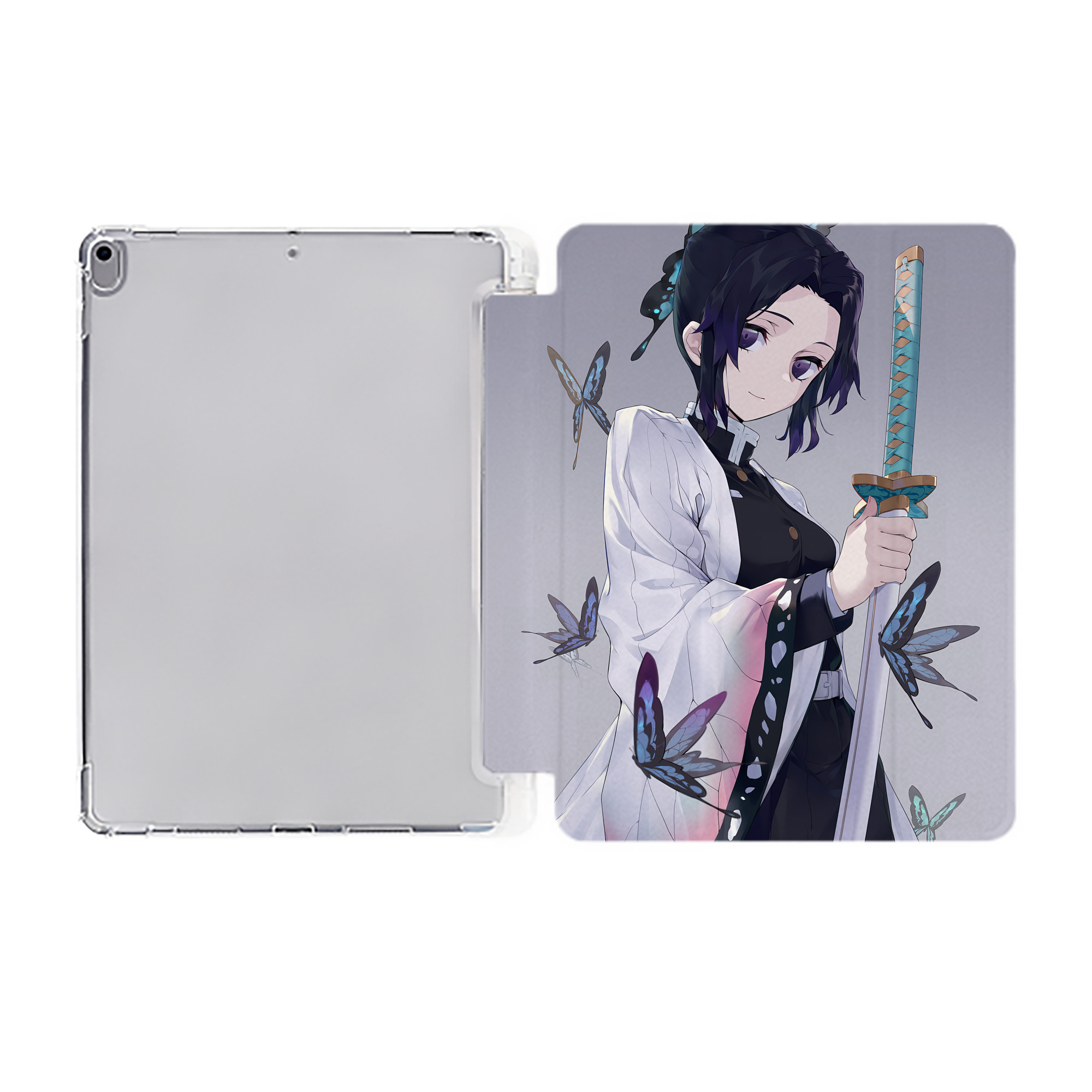（画像用） 鬼滅の刃（きめつのやいば）蟲柱-胡蝶 しのぶ／こちょう しのぶ Kochou Shinobu IPad ケース ペン収納付き 三つ折りスタンド PUレザー×シリコン 対応機種9.5/10.5/10.9インチ